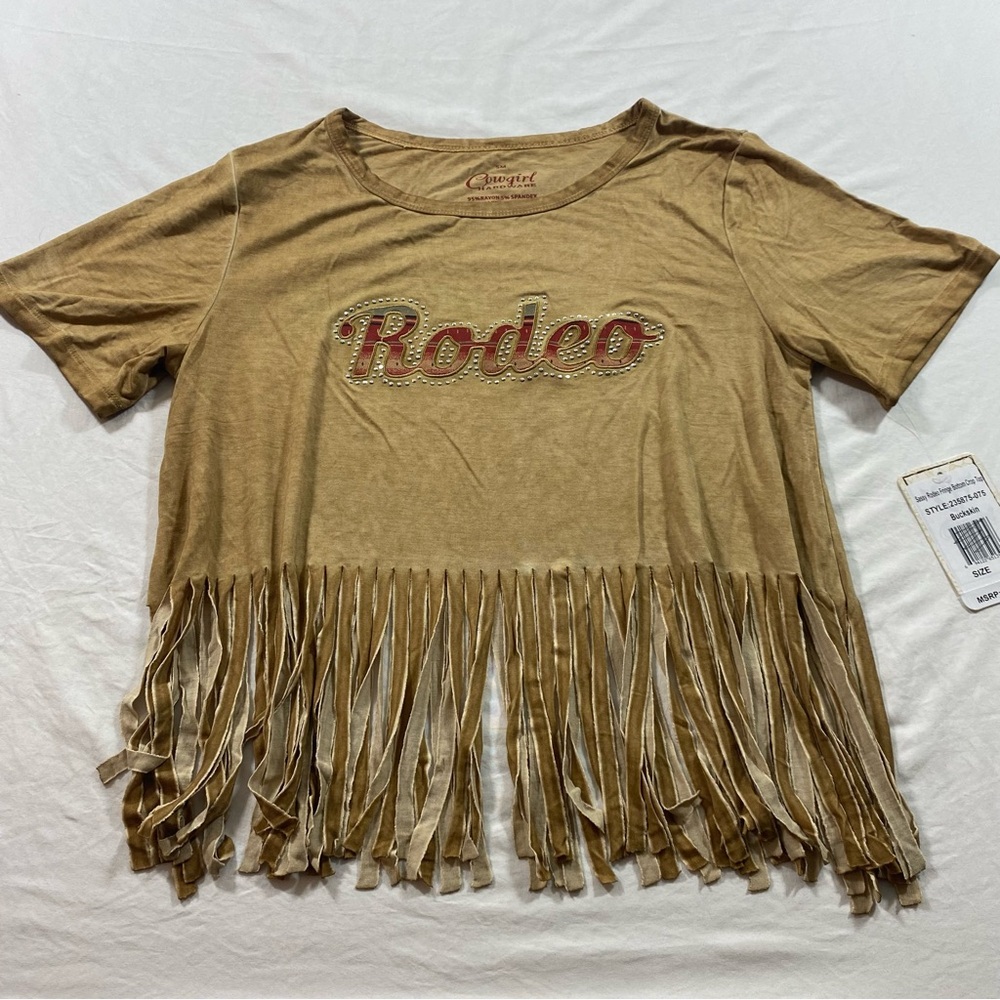 Cowgirl Hardware Tan Fringe Tee wording Rodeo in Red lettering western Cropped - Picture 3 of 8